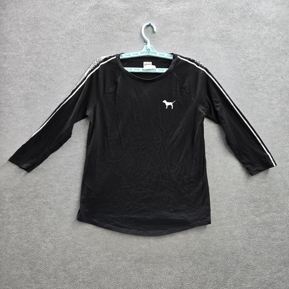 PINK Victoria's Secret Women Shirt M Black Logo Graphic Stripe Campus Tee